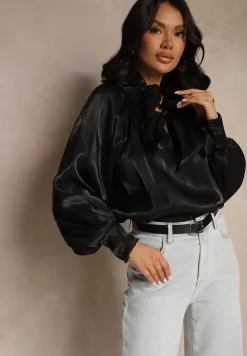 Czarna Bluzka o Koszulowym Kroju Wiązana przy Dekolcie Selzeri