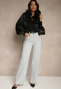 Czarna Bluzka o Koszulowym Kroju Wiązana przy Dekolcie Selzeri