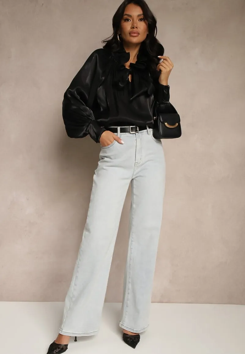 Czarna Bluzka o Koszulowym Kroju Wiązana przy Dekolcie Selzeri