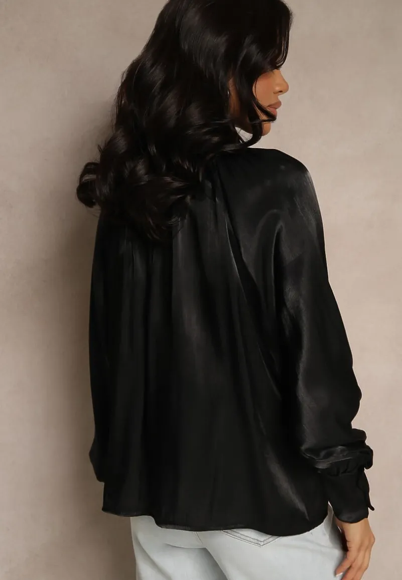 Czarna Bluzka o Koszulowym Kroju Wiązana przy Dekolcie Selzeri