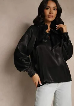 Czarna Bluzka o Koszulowym Kroju Wiązana przy Dekolcie Selzeri