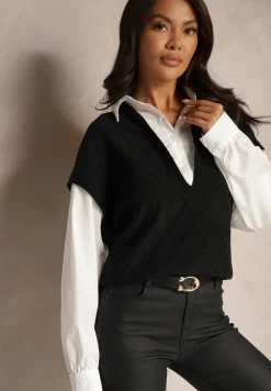 Czarna Bluzka o Koszulowym Kroju ze Wszytą Sweterkową Kamizelką Vensielle