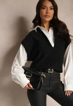 Czarna Bluzka o Koszulowym Kroju ze Wszytą Sweterkową Kamizelką Vensielle