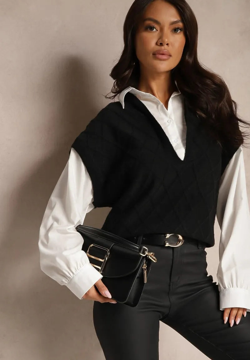 Czarna Bluzka o Koszulowym Kroju ze Wszytą Sweterkową Kamizelką Vensielle