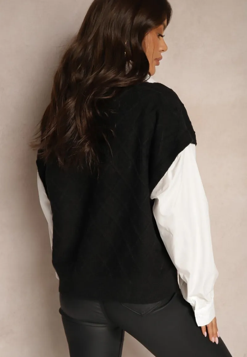 Czarna Bluzka o Koszulowym Kroju ze Wszytą Sweterkową Kamizelką Vensielle