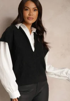 Czarna Bluzka o Koszulowym Kroju ze Wszytą Sweterkową Kamizelką Vensielle
