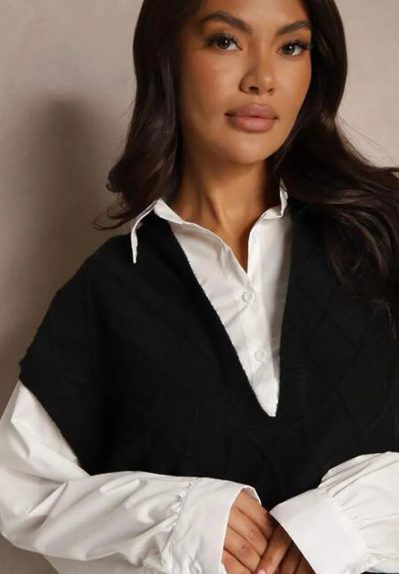 Czarna Bluzka o Koszulowym Kroju ze Wszytą Sweterkową Kamizelką Vensielle