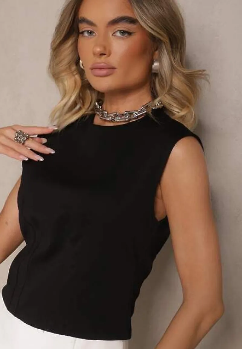 Czarna Bluzka o Taliowanym Kroju Bez Rękawów z Zapięciem na Guzik Redolina