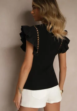 Czarna Bluzka Ozdobiona Ażurowym Motywem i Falbanami Izovira
