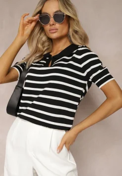 Czarna Bluzka Polo z Wiskozy w Paski Ozdobiona Kołnierzykiem Aromise