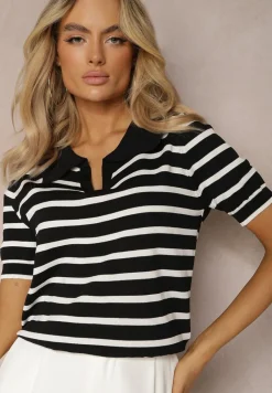 Czarna Bluzka Polo z Wiskozy w Paski Ozdobiona Kołnierzykiem Aromise