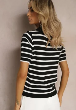 Czarna Bluzka Polo z Wiskozy w Paski Ozdobiona Kołnierzykiem Aromise