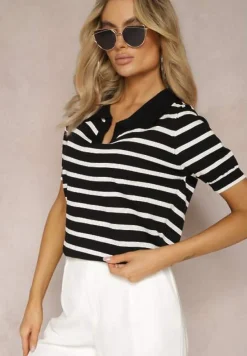 Czarna Bluzka Polo z Wiskozy w Paski Ozdobiona Kołnierzykiem Aromise