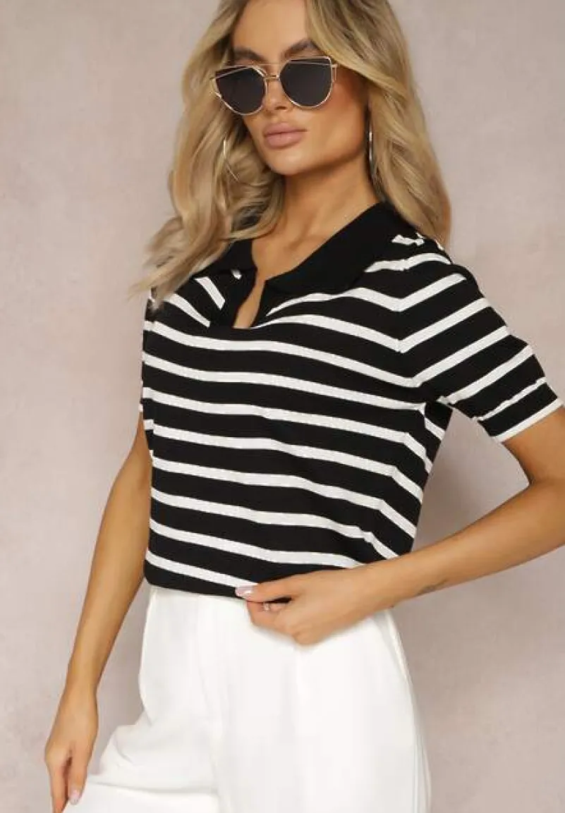 Czarna Bluzka Polo z Wiskozy w Paski Ozdobiona Kołnierzykiem Aromise