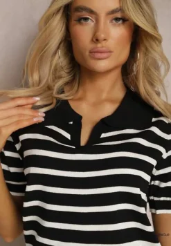 Czarna Bluzka Polo z Wiskozy w Paski Ozdobiona Kołnierzykiem Aromise