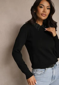 Czarna Bluzka Sweterkowa z Wiskozą z Ozdobnym Kołnierzykiem Avlinda