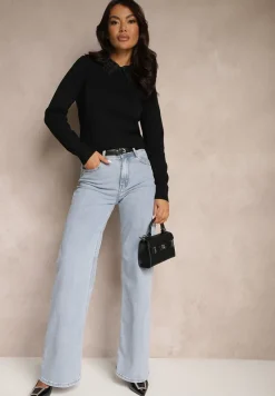 Czarna Bluzka Sweterkowa z Wiskozą z Ozdobnym Kołnierzykiem Avlinda