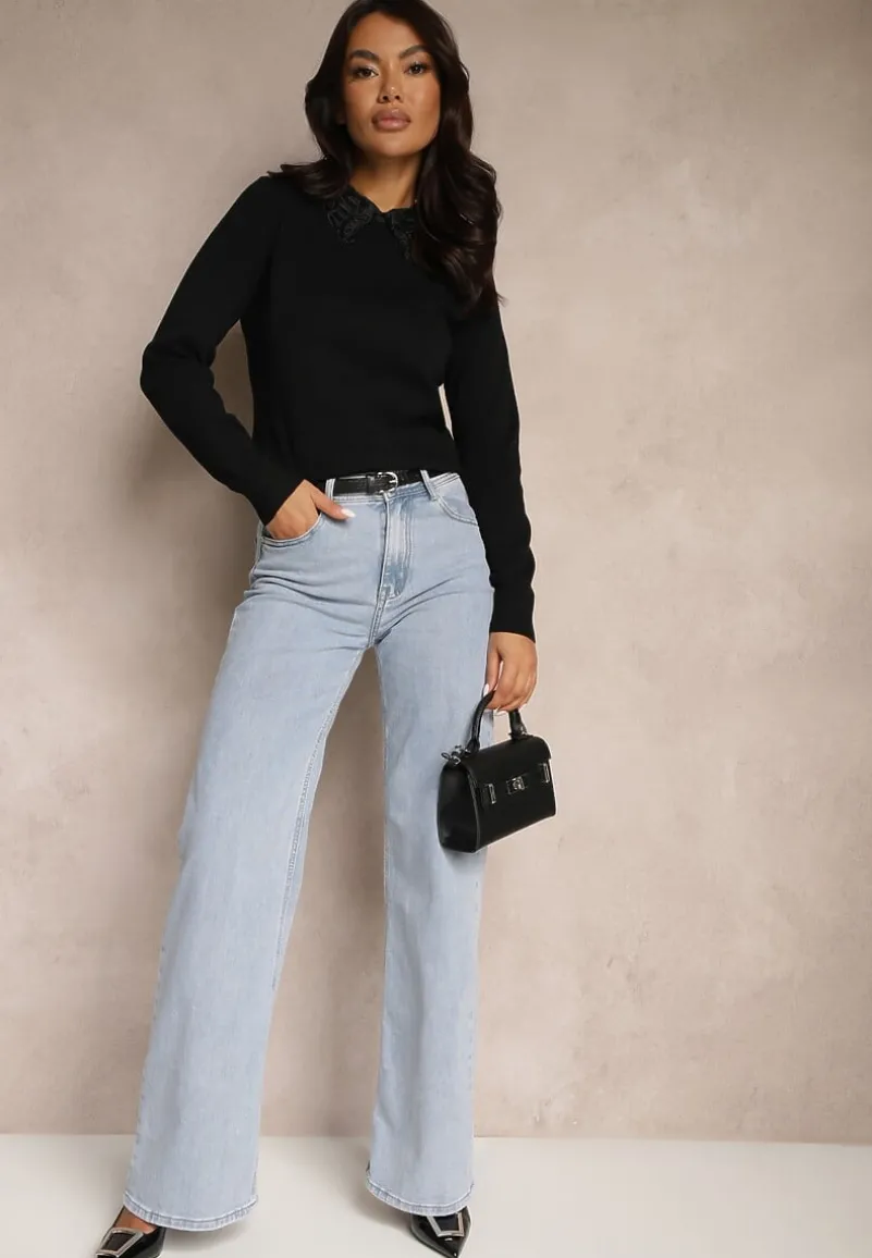 Czarna Bluzka Sweterkowa z Wiskozą z Ozdobnym Kołnierzykiem Avlinda