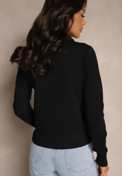 Czarna Bluzka Sweterkowa z Wiskozą z Ozdobnym Kołnierzykiem Avlinda