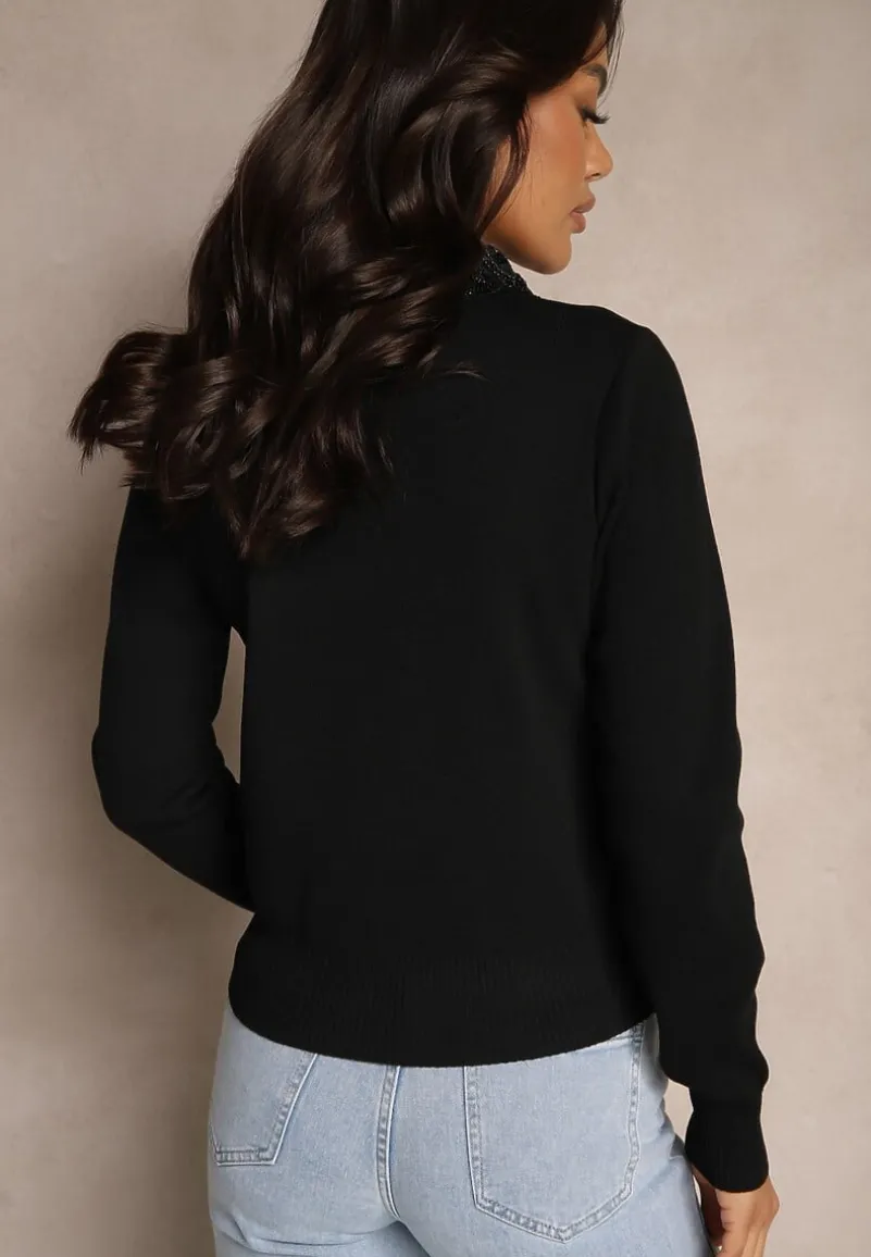 Czarna Bluzka Sweterkowa z Wiskozą z Ozdobnym Kołnierzykiem Avlinda