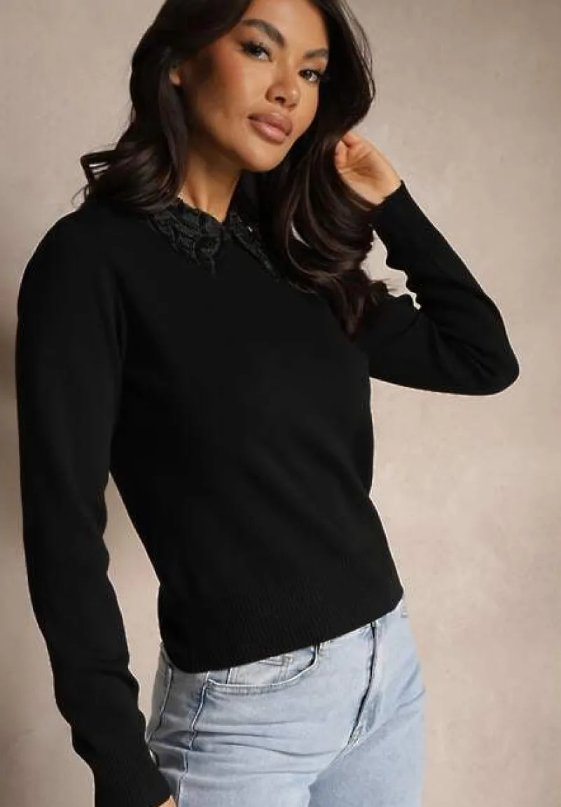 Czarna Bluzka Sweterkowa z Wiskozą z Ozdobnym Kołnierzykiem Avlinda