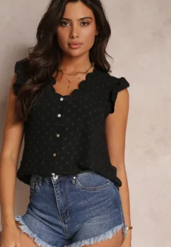 Czarna Bluzka Top z Ozdobnym Dekoltem i Falbankami przy Ramionach Briara