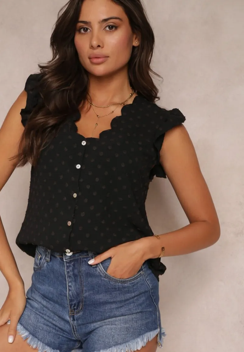 Czarna Bluzka Top z Ozdobnym Dekoltem i Falbankami przy Ramionach Briara