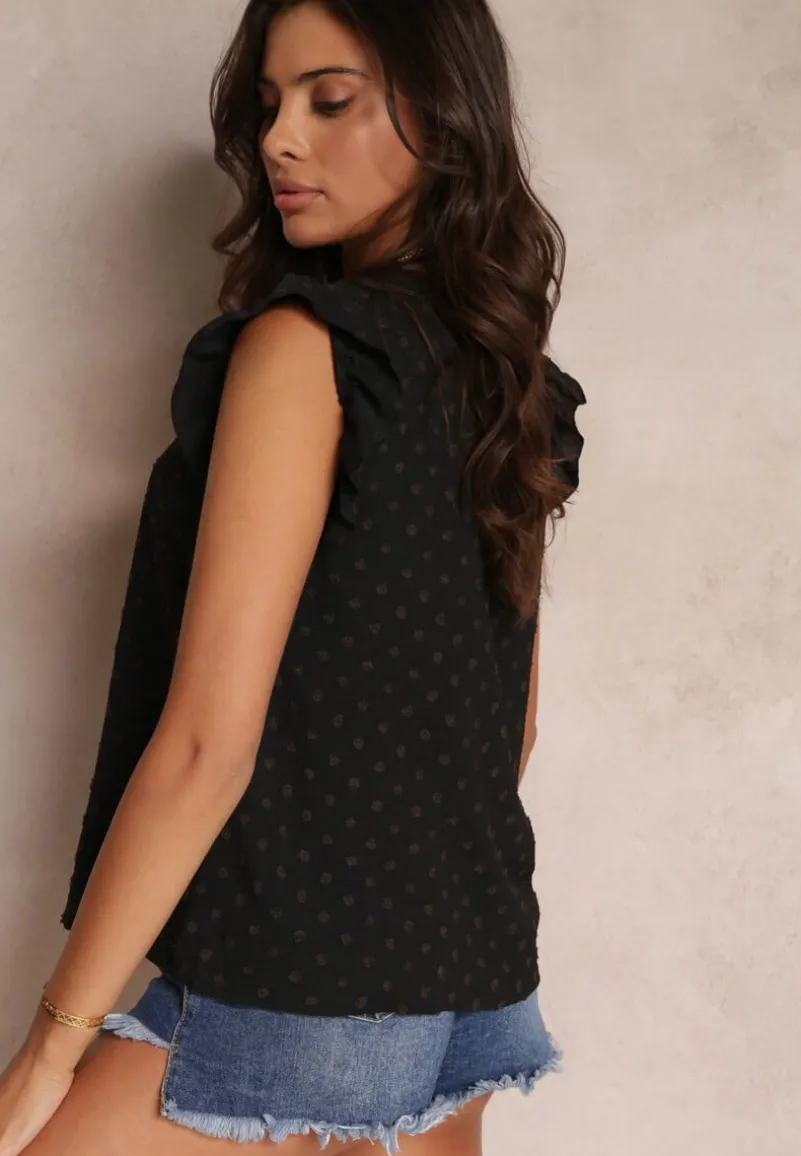 Czarna Bluzka Top z Ozdobnym Dekoltem i Falbankami przy Ramionach Briara