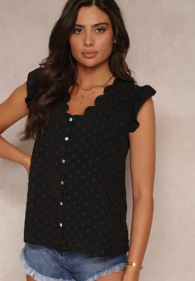 Czarna Bluzka Top z Ozdobnym Dekoltem i Falbankami przy Ramionach Briara