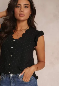 Czarna Bluzka Top z Ozdobnym Dekoltem i Falbankami przy Ramionach Briara