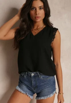 Czarna Bluzka Top z Tkaniny Plumeti z Ozdobną Koronką Caliya