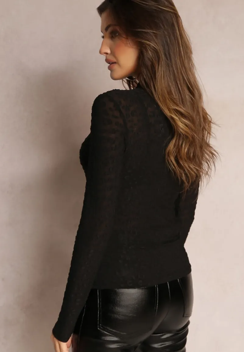 Czarna Bluzka w Cętki z Lekko Prześwitującej Tkaniny Tuomela