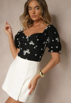 Czarna Bluzka w Hafty-Kokardki z Bufkami w Ramionach Efravina