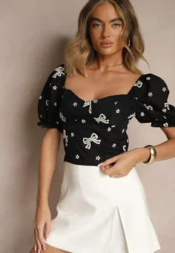 Czarna Bluzka w Hafty-Kokardki z Bufkami w Ramionach Efravina