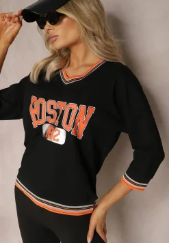 Czarna Bluzka w Sportowym Stylu z Nadrukiem i Trójkątnym Dekoltem Zephirela