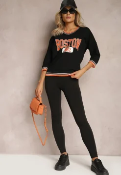 Czarna Bluzka w Sportowym Stylu z Nadrukiem i Trójkątnym Dekoltem Zephirela