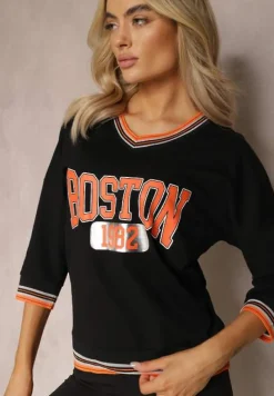 Czarna Bluzka w Sportowym Stylu z Nadrukiem i Trójkątnym Dekoltem Zephirela