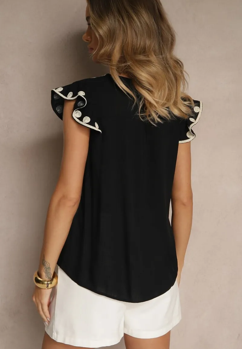 Czarna Bluzka z Bawełny Ozdobiona Haftem Savoreia