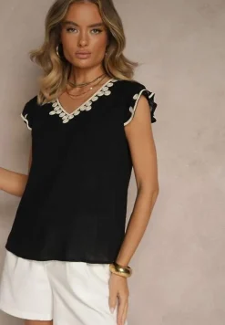 Czarna Bluzka z Bawełny Ozdobiona Haftem Savoreia