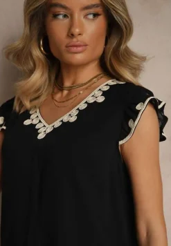 Czarna Bluzka z Bawełny Ozdobiona Haftem Savoreia