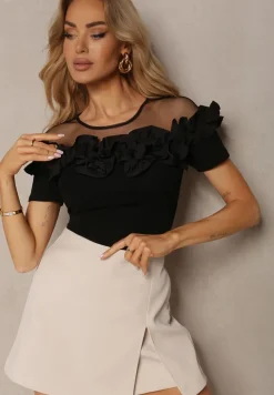 Czarna Bluzka z Bawełny z Krótkim Rękawem Ozdobiona Falbanką i Siateczką Minalia