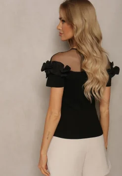 Czarna Bluzka z Bawełny z Krótkim Rękawem Ozdobiona Falbanką i Siateczką Minalia