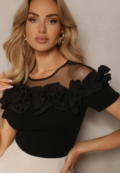 Czarna Bluzka z Bawełny z Krótkim Rękawem Ozdobiona Falbanką i Siateczką Minalia