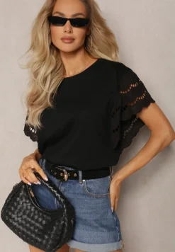 Czarna Bluzka z Bawełny z Ażurowymi Krótkimi Rękawkami Asosta