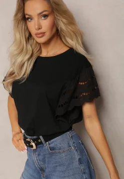 Czarna Bluzka z Bawełny z Ażurowymi Krótkimi Rękawkami Asosta