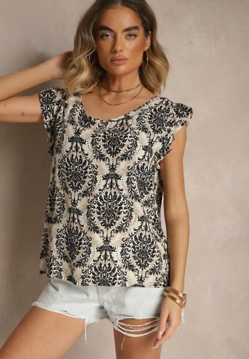 Czarna Bluzka z Bawełny Zdobiona Falbankami Uloniwen