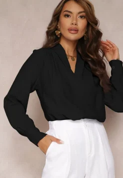 Czarna Bluzka z Bufiastymi Rękawami i Trójkątnym Dekoltem Hilko