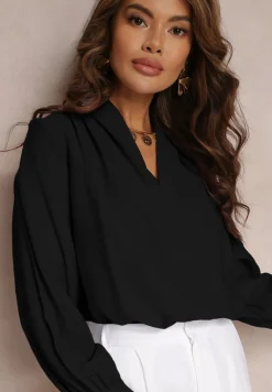Czarna Bluzka z Bufiastymi Rękawami i Trójkątnym Dekoltem Hilko