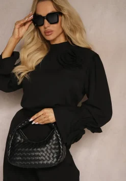 Czarna Bluzka z Dodatkiem Bawełny Ozdobiona Kwiatem 3D Merisara