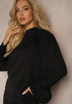 Czarna Bluzka z Dodatkiem Bawełny Ozdobiona Kwiatem 3D Merisara